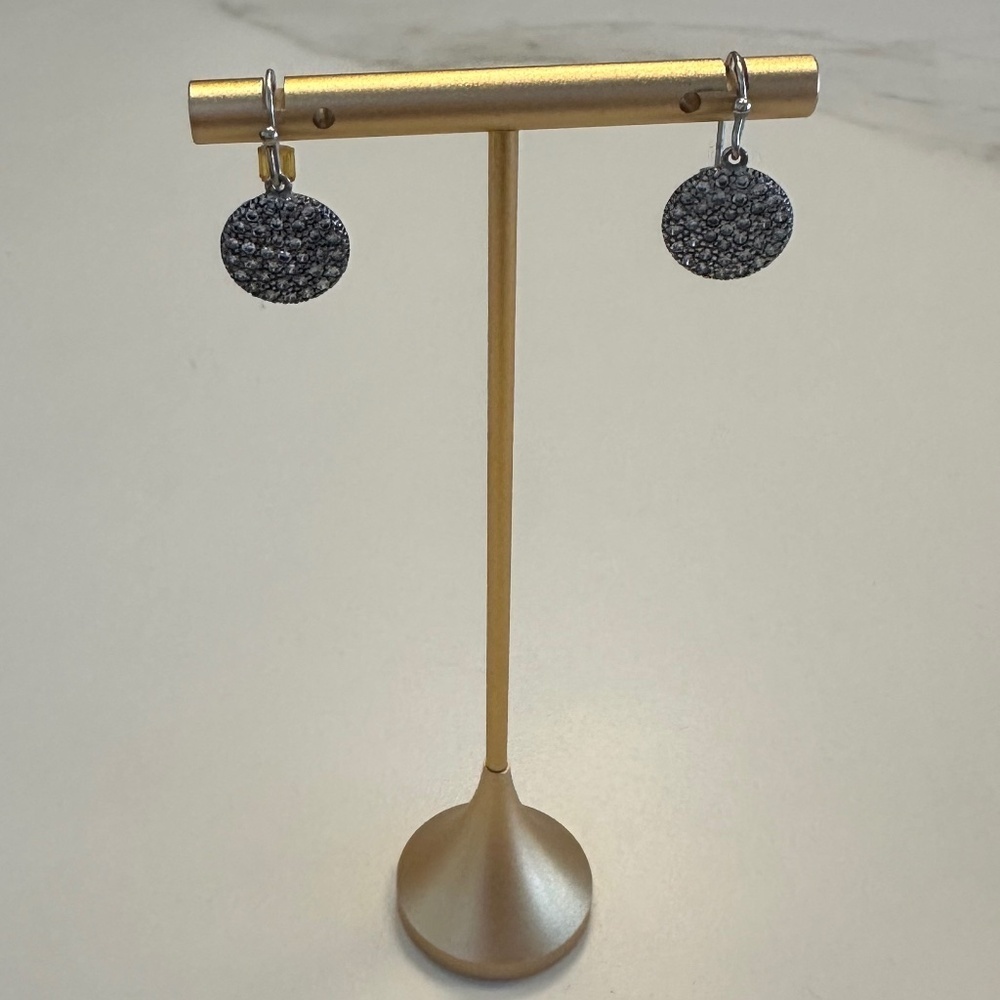Silver Textured Disc Drop Earrings with Crystals - Picture 3 of 11